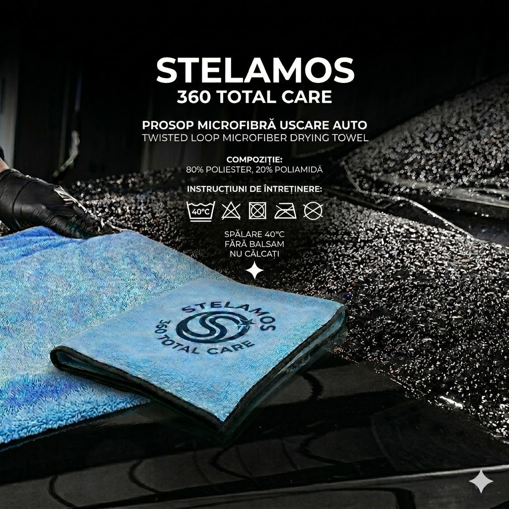 Prosop Uscare Auto Premium STELAMOS, Microfibra Twisted Loop, Super Absorbant, 70x90 cm, 1000 GSM, Fara Zgarieturi, Uscare Rapida, Albastru