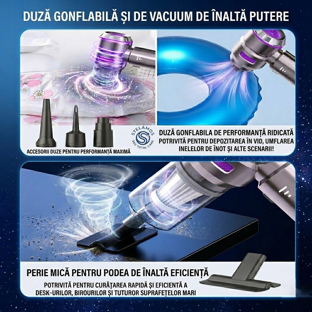 Aspirator de Mana Portabil STELAMOS4 in 1, Wireless, 18000 Pa, Motor Brushless, 100W, 90000 RPM, 3 Viteze, 10 Accesorii, Saculet transport, Suflare, Aspirare, Umflare, Vacuum, Filtru HEPA Autonomie 30 min, Multifunctional pentru Casa, Birou si Auto, Gri