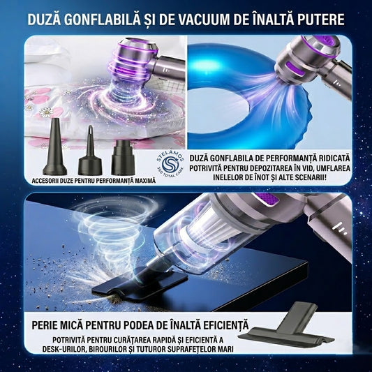 Aspirator de Mana Portabil STELAMOS4 in 1, Wireless, 18000 Pa, Motor Brushless, 100W, 90000 RPM, 3 Viteze, 10 Accesorii, Saculet transport, Suflare, Aspirare, Umflare, Vacuum, Filtru HEPA Autonomie 30 min, Multifunctional pentru Casa, Birou si Auto, Gri
