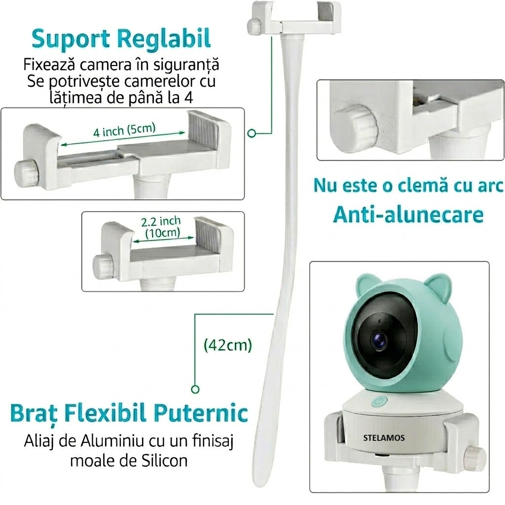 Suport Universal Flexibil pentru Camera Supraveghere, Baby Monitor, Webcam sau Telefon, Reglabil 360°, 42 cm, Montare pe Patut, Birou sau Carucior, Antiderapant, Fara Gaurire, Alb