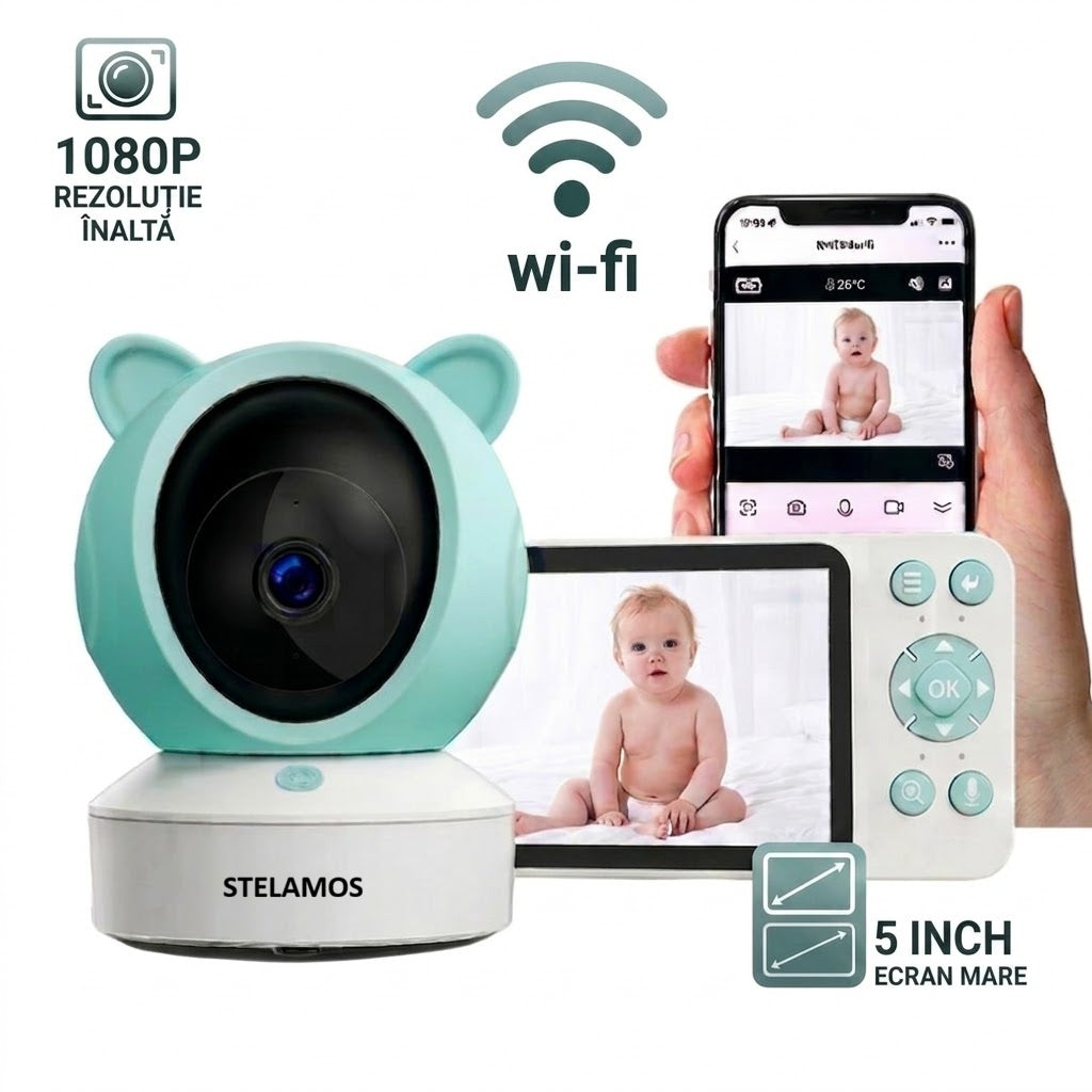Baby Monitor 2in1 STELAMOS, Multi View, DUO 5", WiFi, Aplicatie Telefon Tuya, Camera Video Bebe, Night Vision, Rotire 355°, 3000mAh, Zoom 4X, Senzori Miscare, Plans, Temperatura, Umiditate, 8 Cantece, Two-Way Audio Bidirectional, Interfon, Apel, Verde/Alb