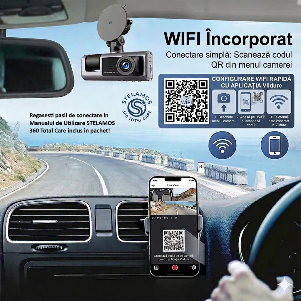 Camera Auto DVR Tripla STELAMOS, 3 Canale, Wi-Fi, Aplicatie Viidure, Display IPS, Camera Spate/Habitaclu, Senzor G, Viziune Nocturna, Monitorizare Parcare (Necesita kit optional)