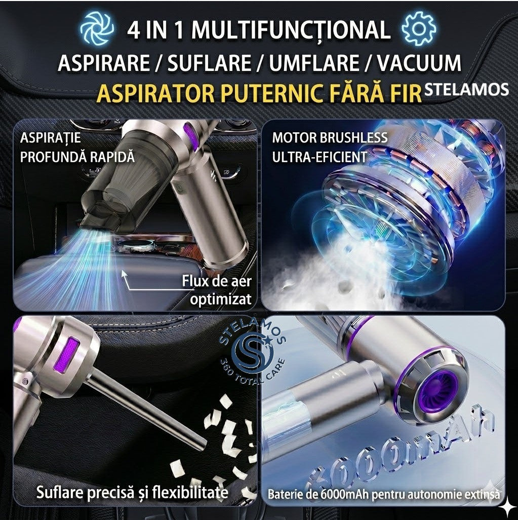 Aspirator de Mana Portabil STELAMOS4 in 1, Wireless, 18000 Pa, Motor Brushless, 100W, 90000 RPM, 3 Viteze, 10 Accesorii, Saculet transport, Suflare, Aspirare, Umflare, Vacuum, Filtru HEPA Autonomie 30 min, Multifunctional pentru Casa, Birou si Auto, Gri