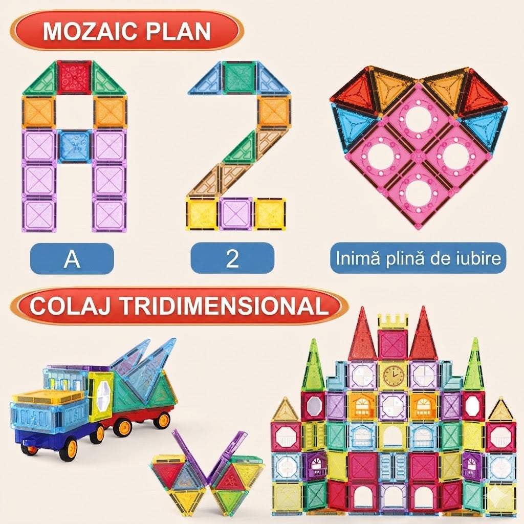Set Placi Magnetice de Constructie 110 piese, STELAMOS, 5.5cm pentru Copii, include 2 Masinute, Transparente, Suprafata Lucioasa, Sudura Ultrasonica, Joc STEM pentru dezvoltarea abilitatilor motrice si imaginatie, Multicolor, Cadou copii 3+Ani