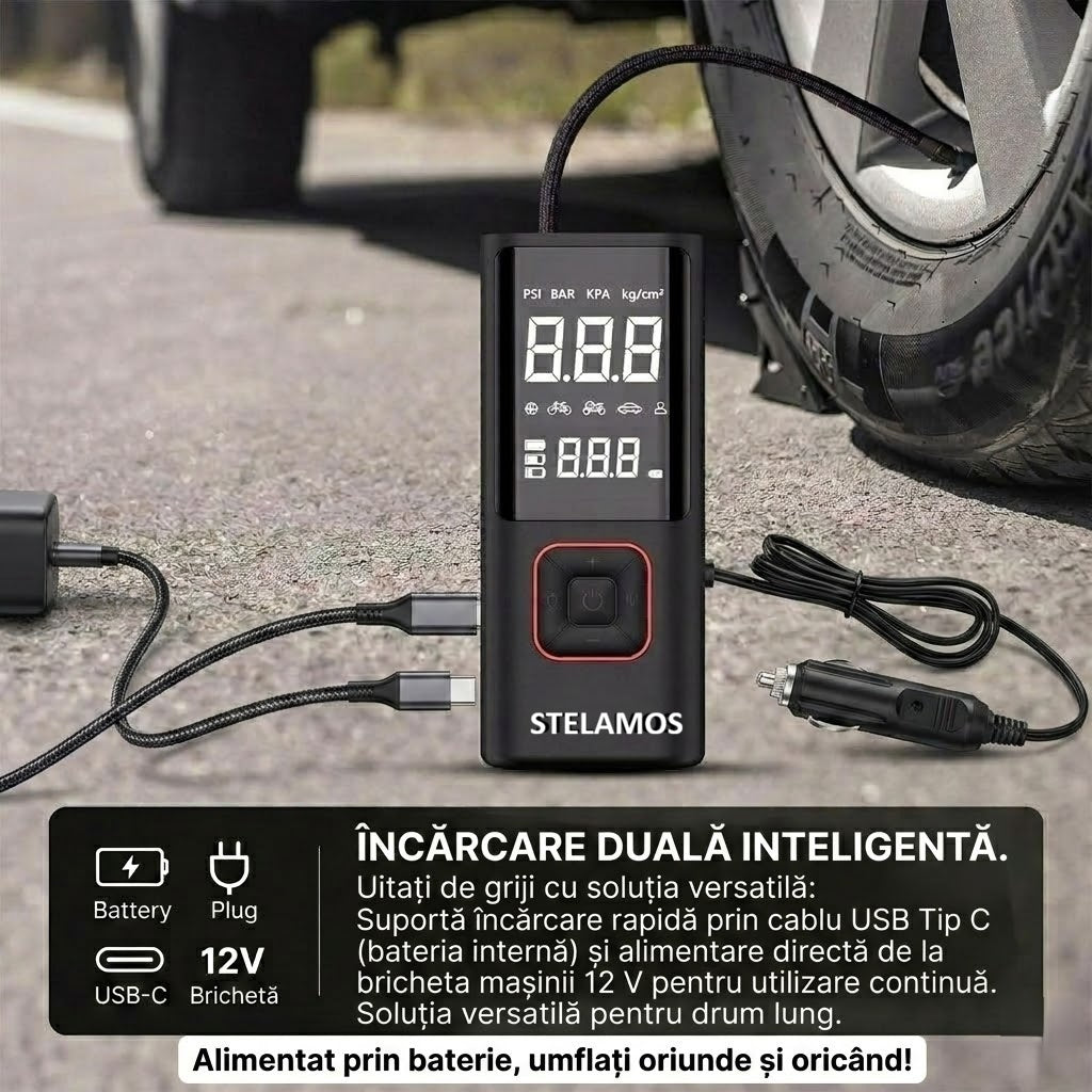 Compresor Auto Portabil STELAMOS 4in1, Digital, Manometru, 150 PSI, Baterie 6000mAh, Incarcare duala USB/Auto, Oprire Automata, Power Bank, Lanterna LED, 35L/min, Pompa Aer, 6 Accesorii, Saculet, pentru Masina, Motocicleta, Bicicleta, Minge, Negru
