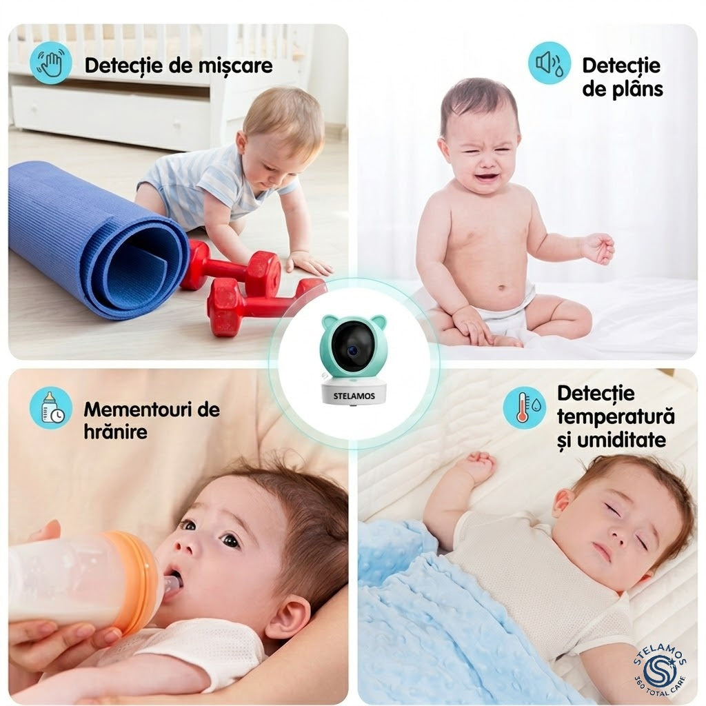 Baby Monitor 2in1 STELAMOS, Multi View, DUO 5", WiFi, Aplicatie Telefon Tuya, Camera Video Bebe, Night Vision, Rotire 355°, 3000mAh, Zoom 4X, Senzori Miscare, Plans, Temperatura, Umiditate, 8 Cantece, Two-Way Audio Bidirectional, Interfon, Apel, Verde/Alb