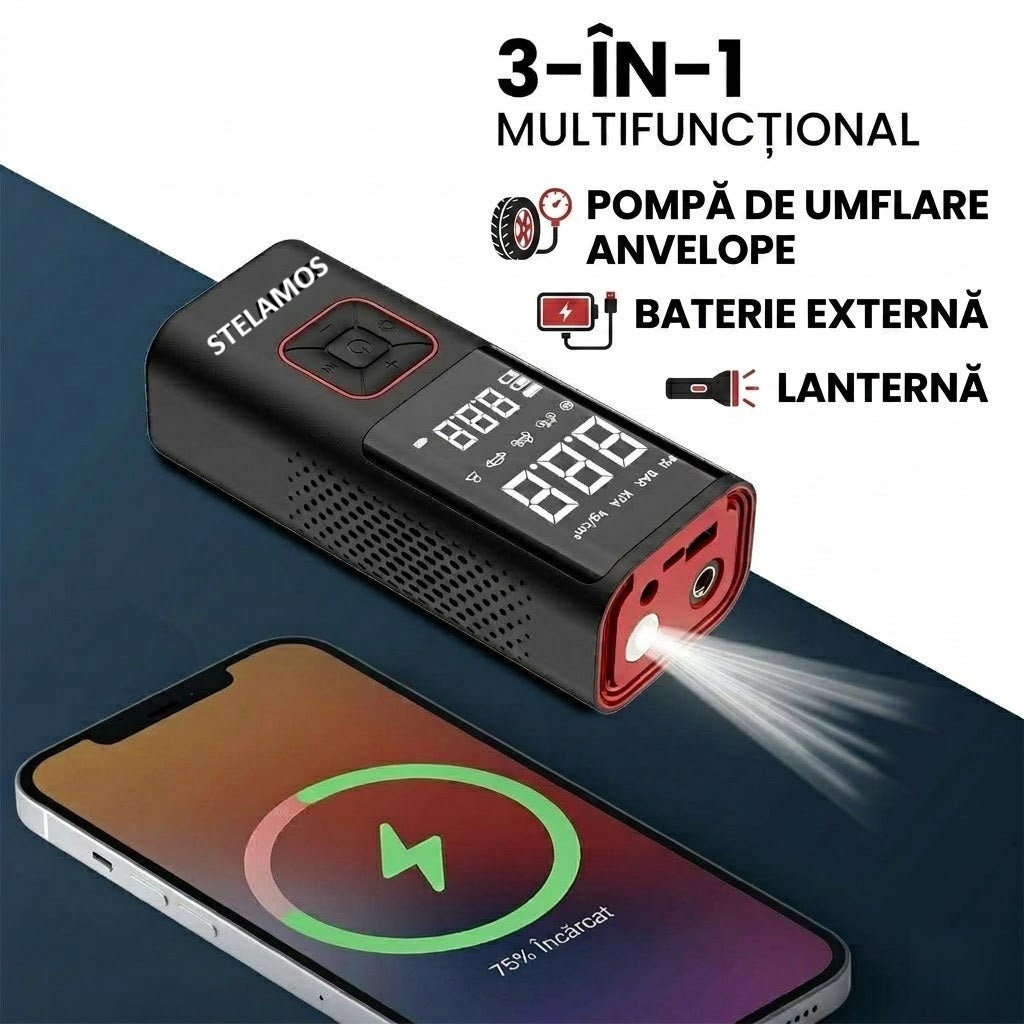 Compresor Auto Portabil STELAMOS 4in1, Digital, Manometru, 150 PSI, Baterie 6000mAh, Incarcare duala USB/Auto, Oprire Automata, Power Bank, Lanterna LED, 35L/min, Pompa Aer, 6 Accesorii, Saculet, pentru Masina, Motocicleta, Bicicleta, Minge, Negru