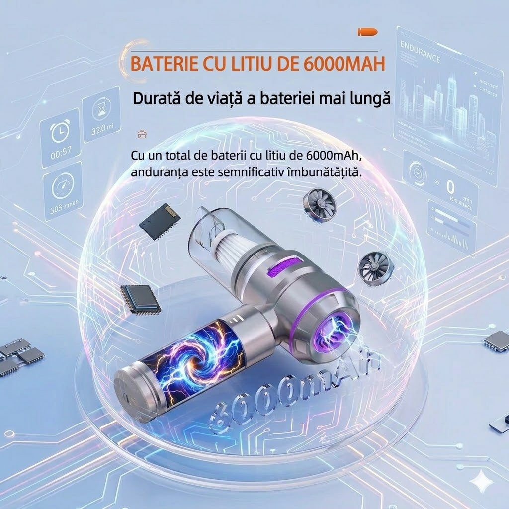 Aspirator de Mana Portabil STELAMOS 4 in 1, Wireless, 18000 Pa, Motor Brushless, 100W, 90000 RPM, 3 Viteze, 10 Accesorii, Saculet, Laveta Cadou, Aspirare, Umflare, Vacuum, Filtru HEPA Autonomie 30 min, Multifunctional pentru Casa, Birou si Auto, Gri