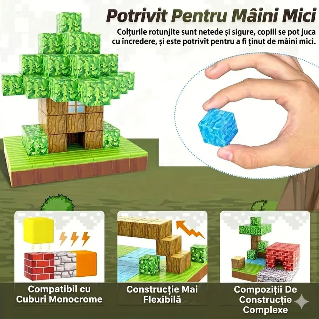 Blocuri Magnetice 100 Piese, STELAMOS, Set De Constructie Cuburi Model Casa si Copaci, Lume Magnetica Pixelata, Cuburi Magnetice 3D Pentru Baieti Si Fete, Jucarii Senzoriale Stem Montessori, Cadou Copii 3+ Ani