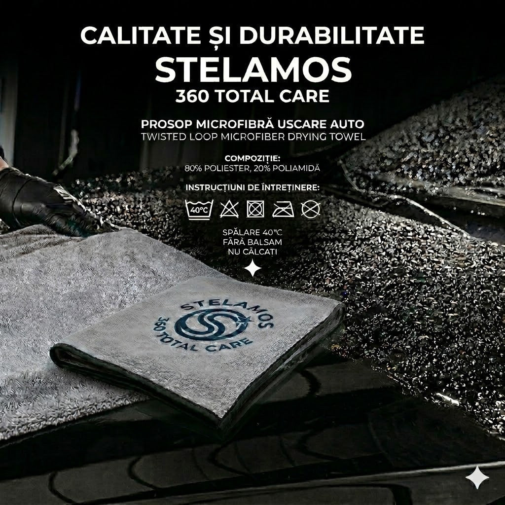Prosop Uscare Auto Premium STELAMOS, Microfibra Twisted Loop, Super Absorbant, 70x90 cm, 1000 GSM, Fara Zgarieturi, Uscare Rapida, Gri