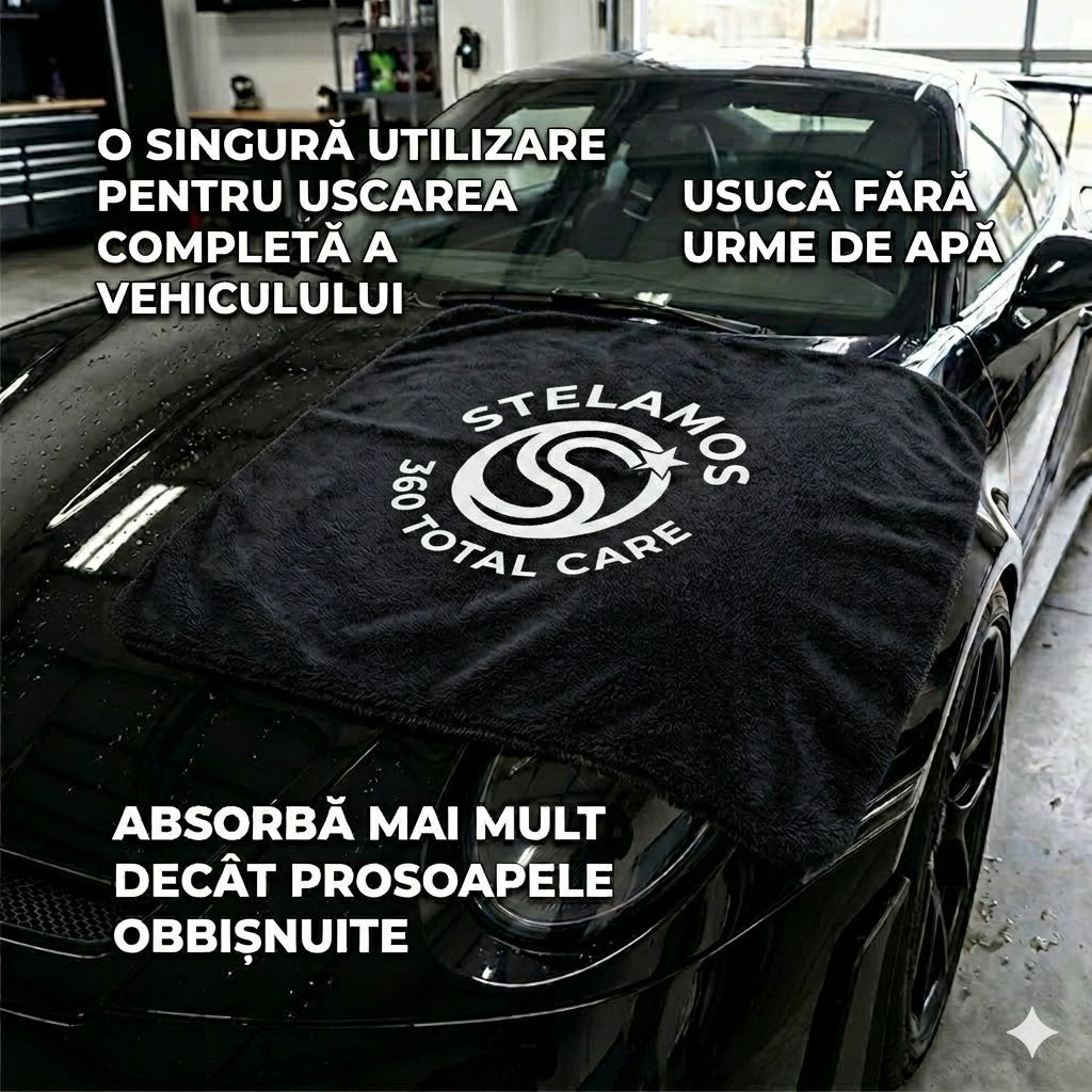 Prosop Uscare Auto Premium STELAMOS, Microfibra Twisted Loop, Super Absorbant, 70x90 cm, 1000 GSM, Fara Zgarieturi, Uscare Rapida, Negru
