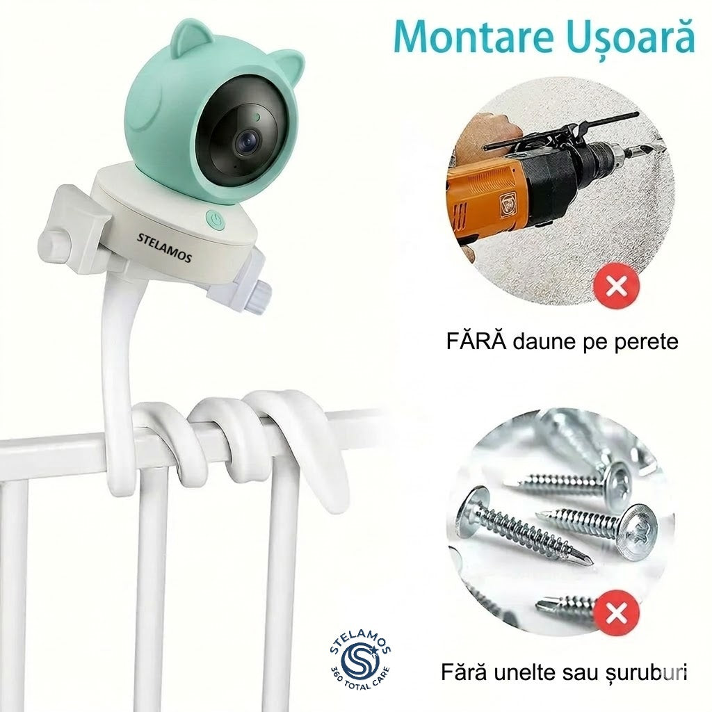Suport Universal Flexibil pentru Camera Supraveghere, Baby Monitor, Webcam sau Telefon, Reglabil 360°, 42 cm, Montare pe Patut, Birou sau Carucior, Antiderapant, Fara Gaurire, Alb