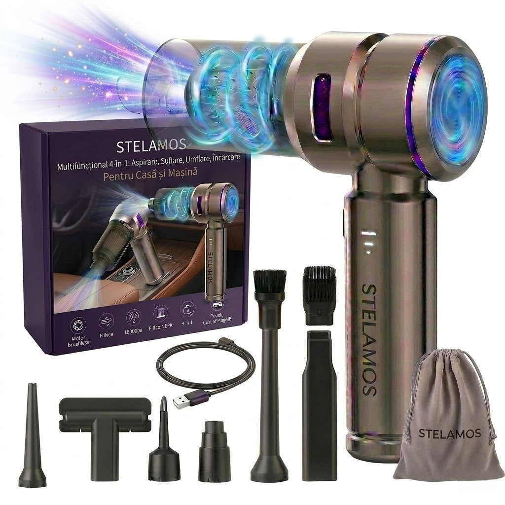 Aspirator de Mana Portabil STELAMOS4 in 1, Wireless, 18000 Pa, Motor Brushless, 100W, 90000 RPM, 3 Viteze, 10 Accesorii, Saculet transport, Suflare, Aspirare, Umflare, Vacuum, Filtru HEPA Autonomie 30 min, Multifunctional pentru Casa, Birou si Auto, Gri