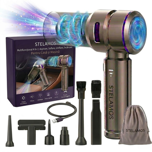 Aspirator de Mana Portabil STELAMOS4 in 1, Wireless, 18000 Pa, Motor Brushless, 100W, 90000 RPM, 3 Viteze, 10 Accesorii, Saculet transport, Suflare, Aspirare, Umflare, Vacuum, Filtru HEPA Autonomie 30 min, Multifunctional pentru Casa, Birou si Auto, Gri