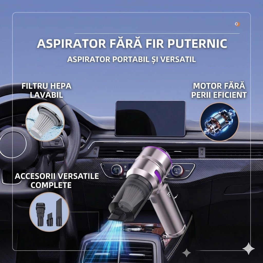 Aspirator de Mana Portabil STELAMOS 4 in 1, Wireless, 18000 Pa, Motor Brushless, 100W, 90000 RPM, 3 Viteze, 10 Accesorii, Saculet, Laveta Cadou, Aspirare, Umflare, Vacuum, Filtru HEPA Autonomie 30 min, Multifunctional pentru Casa, Birou si Auto, Gri