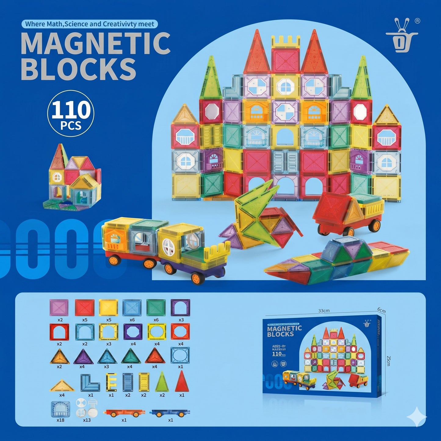 Set Placi Magnetice de Constructie 110 piese, STELAMOS, 5.5cm pentru Copii, include 2 Masinute, Transparente, Suprafata Lucioasa, Sudura Ultrasonica, Joc STEM pentru dezvoltarea abilitatilor motrice si imaginatie, Multicolor, Cadou copii 3+Ani