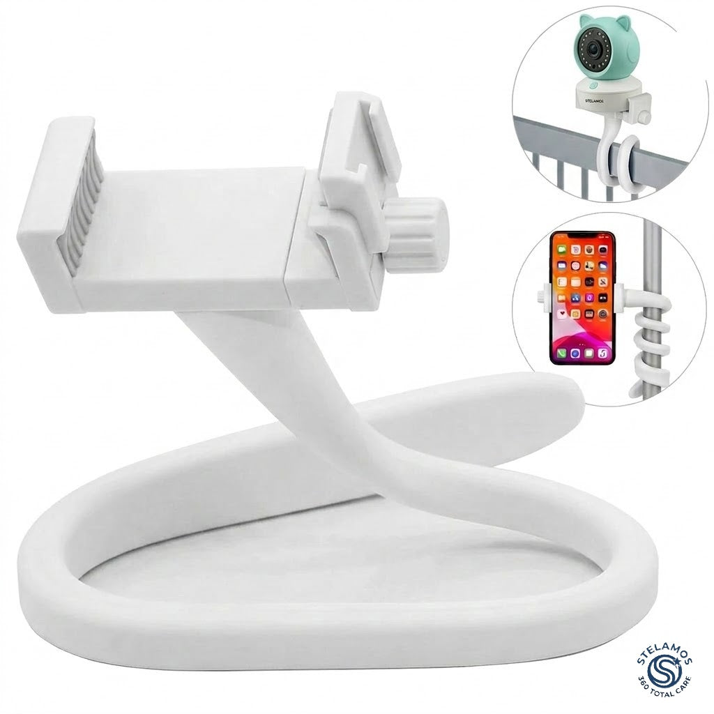 Suport Universal Flexibil pentru Camera Supraveghere, Baby Monitor, Webcam sau Telefon, Reglabil 360°, 42 cm, Montare pe Patut, Birou sau Carucior, Antiderapant, Fara Gaurire, Alb