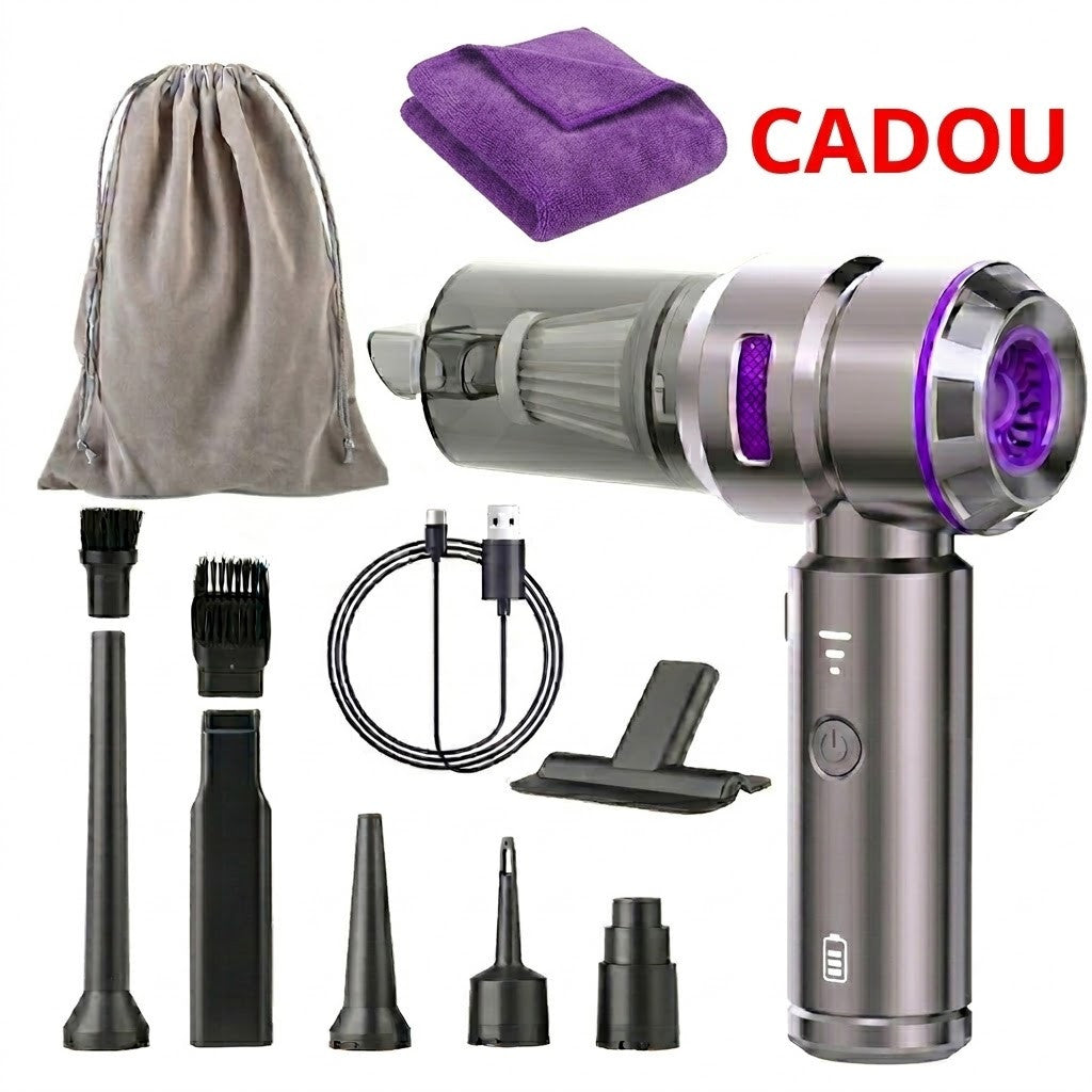 Aspirator de Mana Portabil STELAMOS 4 in 1, Wireless, 18000 Pa, Motor Brushless, 100W, 90000 RPM, 3 Viteze, 10 Accesorii, Saculet, Laveta Cadou, Aspirare, Umflare, Vacuum, Filtru HEPA Autonomie 30 min, Multifunctional pentru Casa, Birou si Auto, Gri