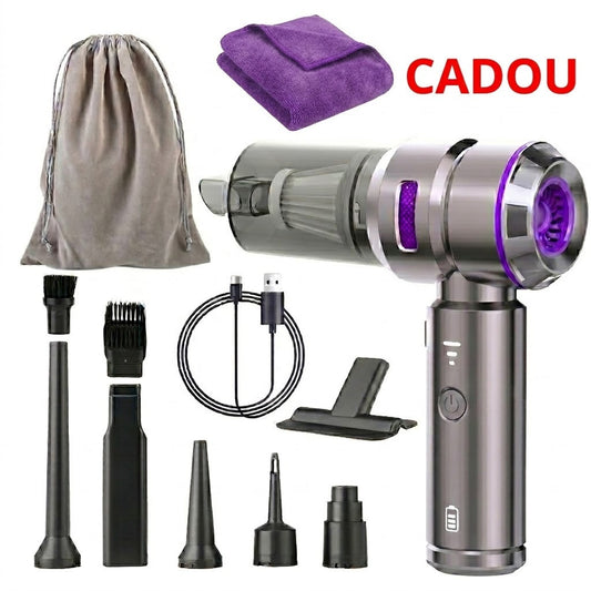 Aspirator de Mana Portabil STELAMOS 4 in 1, Wireless, 18000 Pa, Motor Brushless, 100W, 90000 RPM, 3 Viteze, 10 Accesorii, Saculet, Laveta Cadou, Aspirare, Umflare, Vacuum, Filtru HEPA Autonomie 30 min, Multifunctional pentru Casa, Birou si Auto, Gri