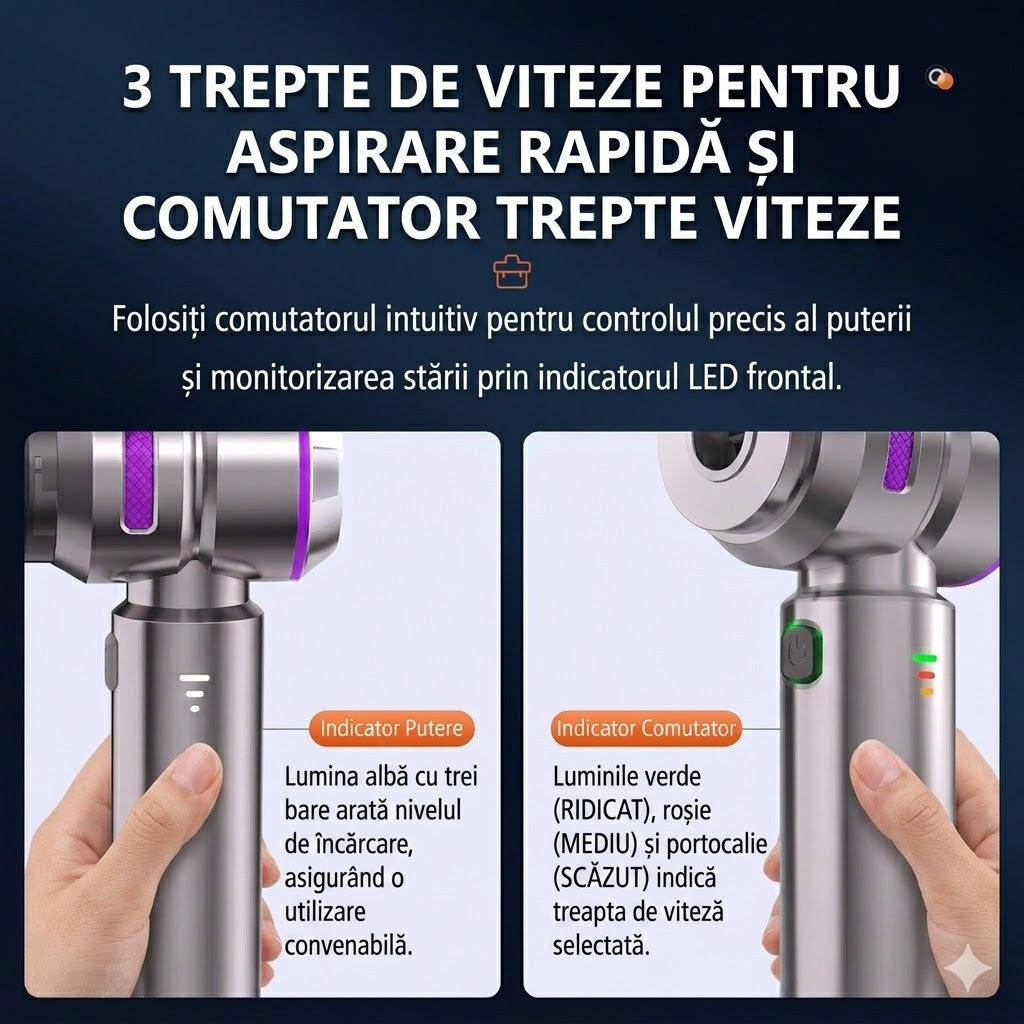Aspirator de Mana Portabil STELAMOS 4 in 1, Wireless, 18000 Pa, Motor Brushless, 100W, 90000 RPM, 3 Viteze, 10 Accesorii, Saculet, Laveta Cadou, Aspirare, Umflare, Vacuum, Filtru HEPA Autonomie 30 min, Multifunctional pentru Casa, Birou si Auto, Gri