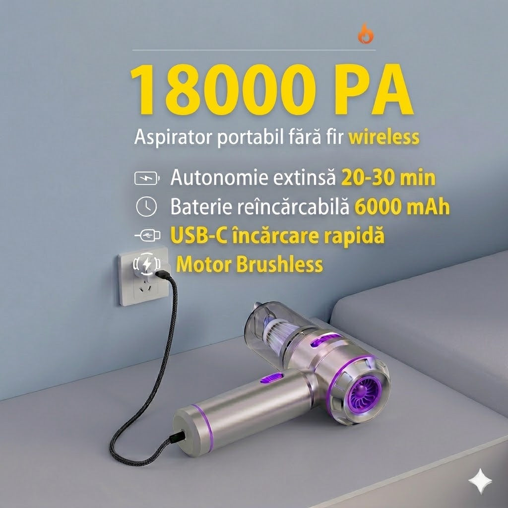 Aspirator de Mana Portabil STELAMOS 4 in 1, Wireless, 18000 Pa, Motor Brushless, 100W, 90000 RPM, 3 Viteze, 10 Accesorii, Saculet, Laveta Cadou, Aspirare, Umflare, Vacuum, Filtru HEPA Autonomie 30 min, Multifunctional pentru Casa, Birou si Auto, Gri
