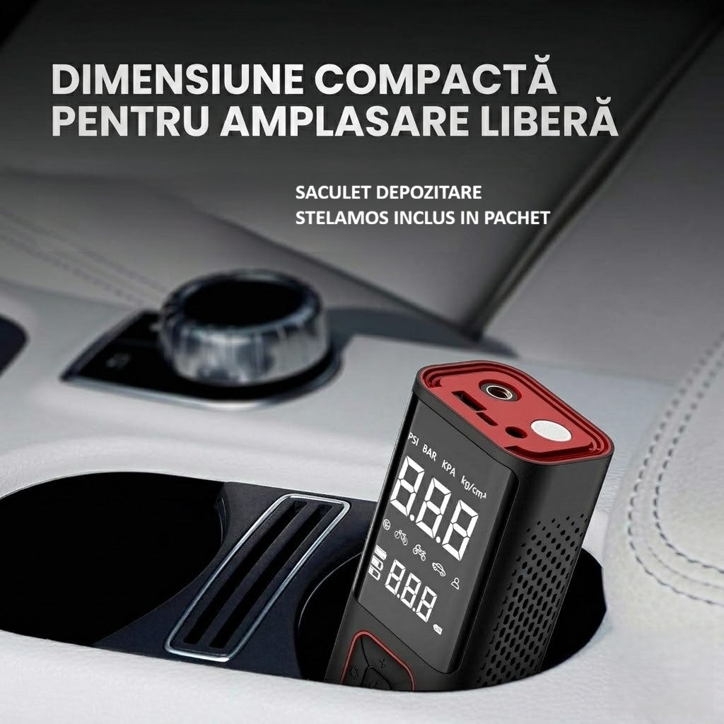 Compresor Auto Portabil STELAMOS 4in1, Digital, Manometru, 150 PSI, Baterie 6000mAh, Incarcare duala USB/Auto, Oprire Automata, Power Bank, Lanterna LED, 35L/min, Pompa Aer, 6 Accesorii, Saculet, pentru Masina, Motocicleta, Bicicleta, Minge, Negru