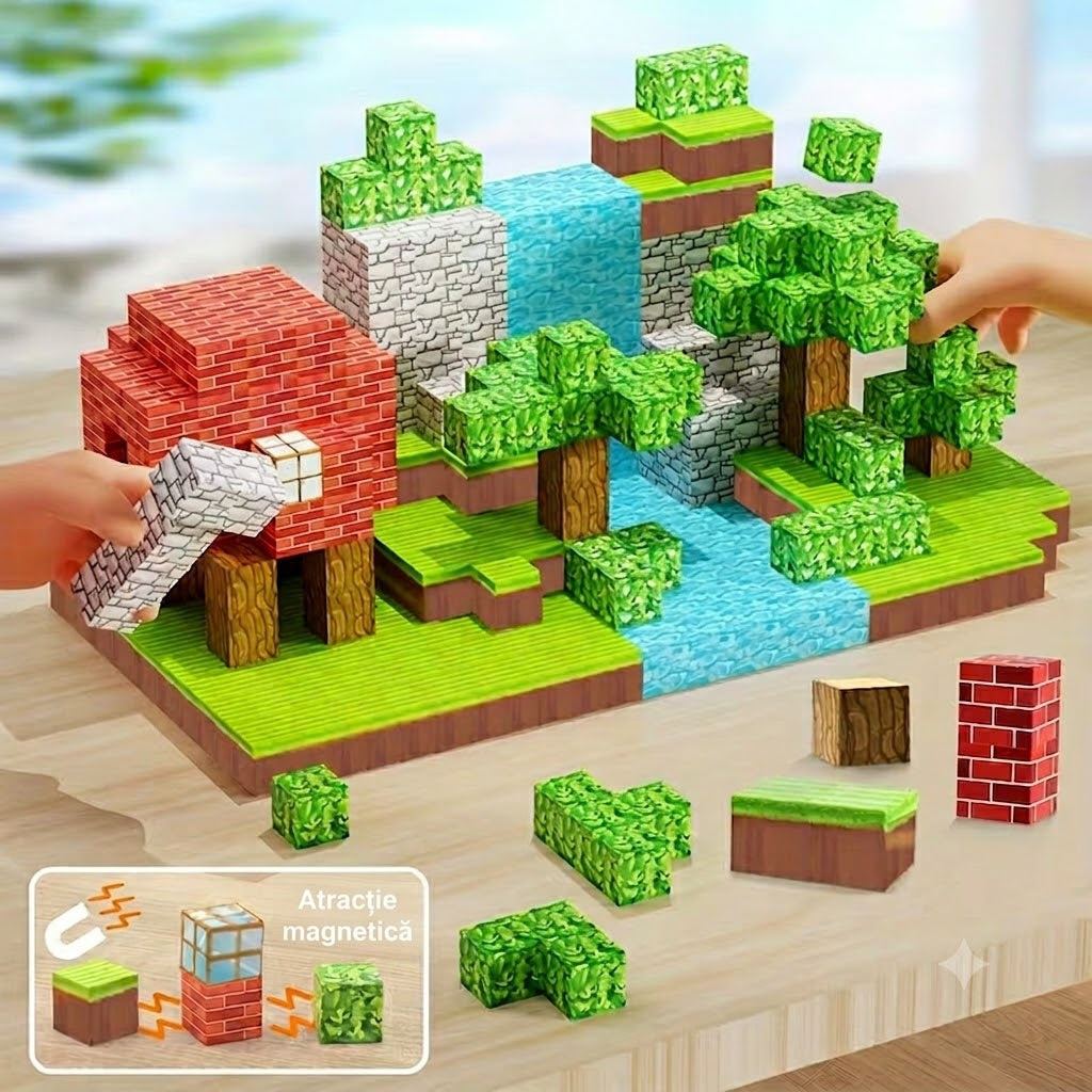 Blocuri Magnetice 100 Piese, STELAMOS, Set De Constructie Cuburi Model Casa si Copaci, Lume Magnetica Pixelata, Cuburi Magnetice 3D Pentru Baieti Si Fete, Jucarii Senzoriale Stem Montessori, Cadou Copii 3+ Ani