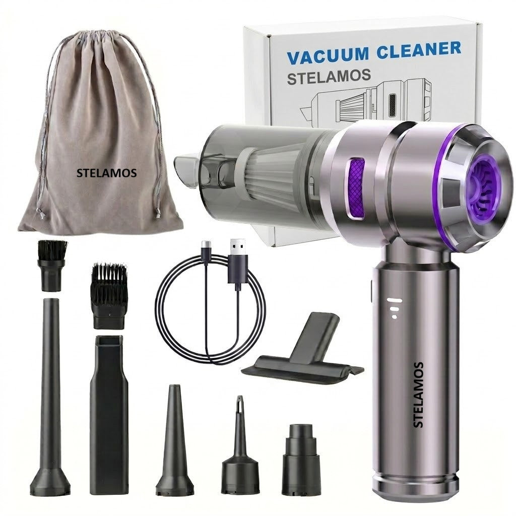 Aspirator de Mana Portabil STELAMOS4 in 1, Wireless, 18000 Pa, Motor Brushless, 100W, 90000 RPM, 3 Viteze, 10 Accesorii, Saculet transport, Suflare, Aspirare, Umflare, Vacuum, Filtru HEPA Autonomie 30 min, Multifunctional pentru Casa, Birou si Auto, Gri