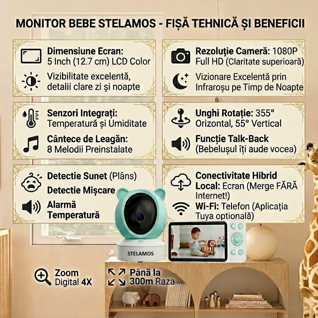Baby Monitor 2in1 STELAMOS, Multi View, DUO 5", WiFi, Aplicatie Telefon Tuya, Camera Video Bebe, Night Vision, Rotire 355°, 3000mAh, Zoom 4X, Senzori Miscare, Plans, Temperatura, Umiditate, 8 Cantece, Two-Way Audio Bidirectional, Interfon, Apel, Verde/Alb