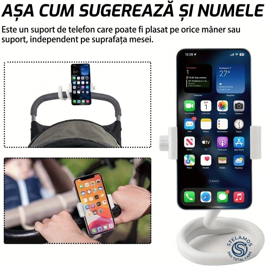 Suport Universal Flexibil pentru Camera Supraveghere, Baby Monitor, Webcam sau Telefon, Reglabil 360°, 42 cm, Montare pe Patut, Birou sau Carucior, Antiderapant, Fara Gaurire, Alb