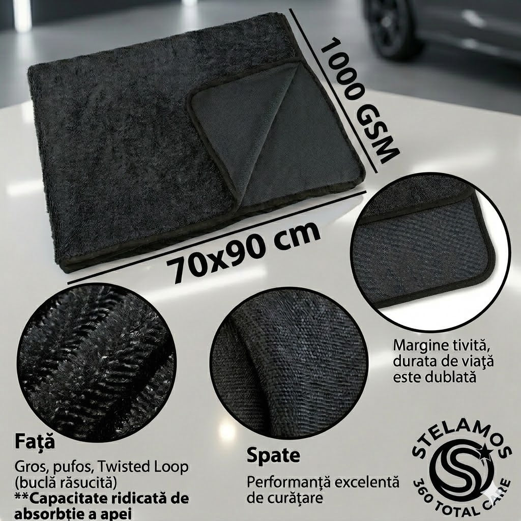 Prosop Uscare Auto Premium STELAMOS, Microfibra Twisted Loop, Super Absorbant, 70x90 cm, 1000 GSM, Fara Zgarieturi, Uscare Rapida, Negru