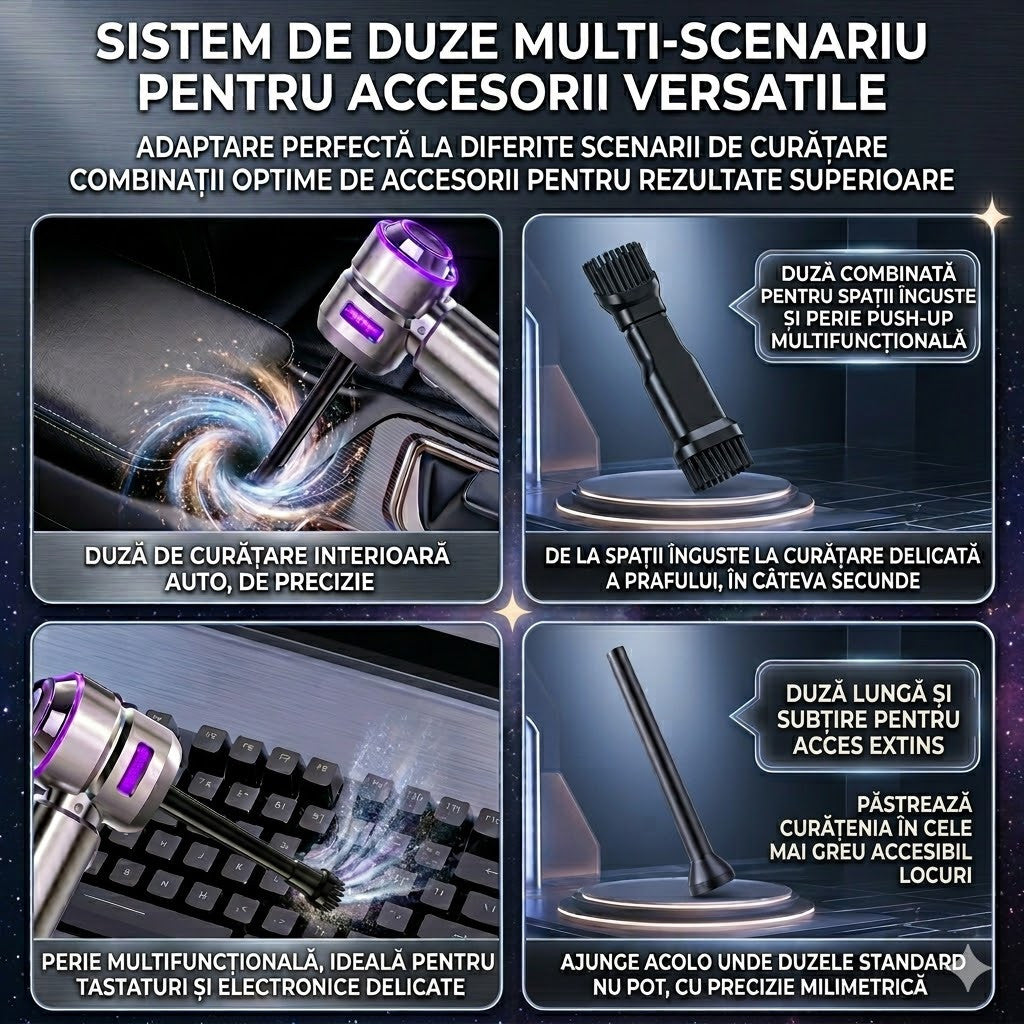 Aspirator de Mana Portabil STELAMOS 4 in 1, Wireless, 18000 Pa, Motor Brushless, 100W, 90000 RPM, 3 Viteze, 10 Accesorii, Saculet, Laveta Cadou, Aspirare, Umflare, Vacuum, Filtru HEPA Autonomie 30 min, Multifunctional pentru Casa, Birou si Auto, Gri
