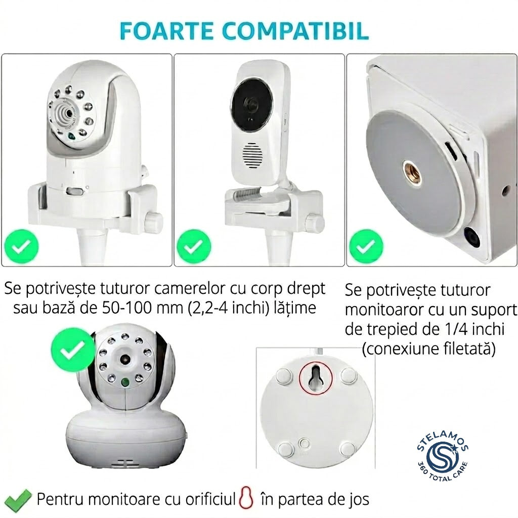 Suport Universal Flexibil pentru Camera Supraveghere, Baby Monitor, Webcam sau Telefon, Reglabil 360°, 42 cm, Montare pe Patut, Birou sau Carucior, Antiderapant, Fara Gaurire, Alb