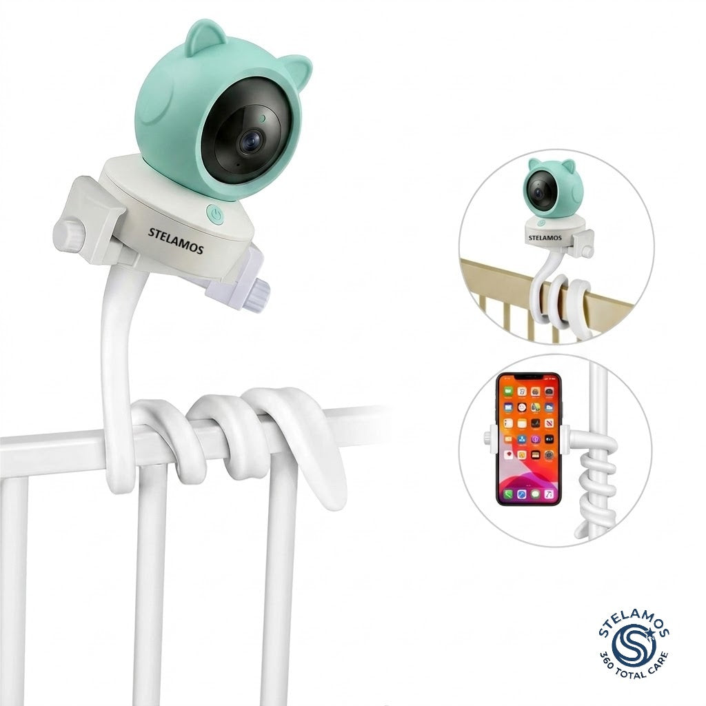 Suport Universal Flexibil pentru Camera Supraveghere, Baby Monitor, Webcam sau Telefon, Reglabil 360°, 42 cm, Montare pe Patut, Birou sau Carucior, Antiderapant, Fara Gaurire, Alb
