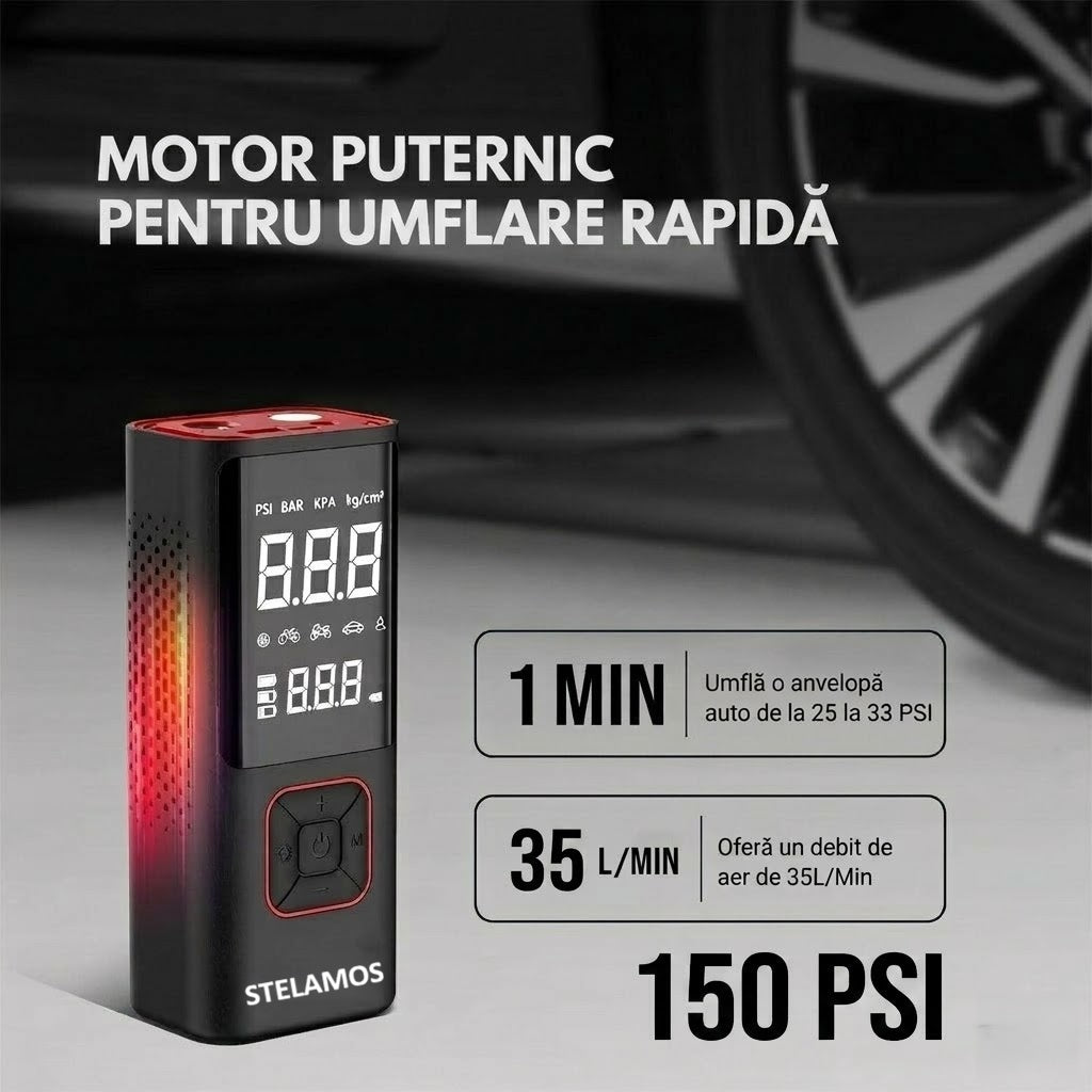 Compresor Auto Portabil STELAMOS 4in1, Digital, Manometru, 150 PSI, Baterie 6000mAh, Incarcare duala USB/Auto, Oprire Automata, Power Bank, Lanterna LED, 35L/min, Pompa Aer, 6 Accesorii, Saculet, pentru Masina, Motocicleta, Bicicleta, Minge, Negru