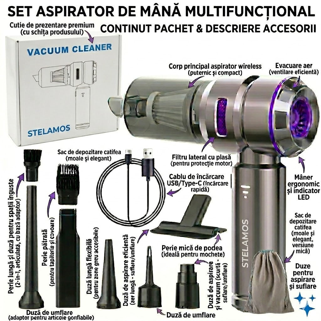 Aspirator de Mana Portabil STELAMOS 4 in 1, Wireless, 18000 Pa, Motor Brushless, 100W, 90000 RPM, 3 Viteze, 10 Accesorii, Saculet, Laveta Cadou, Aspirare, Umflare, Vacuum, Filtru HEPA Autonomie 30 min, Multifunctional pentru Casa, Birou si Auto, Gri