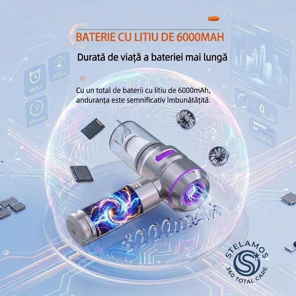 Aspirator de Mana Portabil STELAMOS4 in 1, Wireless, 18000 Pa, Motor Brushless, 100W, 90000 RPM, 3 Viteze, 10 Accesorii, Saculet transport, Suflare, Aspirare, Umflare, Vacuum, Filtru HEPA Autonomie 30 min, Multifunctional pentru Casa, Birou si Auto, Gri