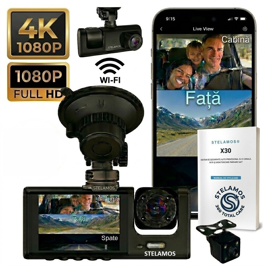 Camera Auto DVR Tripla STELAMOS, 3 Canale, Wi-Fi, Aplicatie Viidure, Display IPS, Camera Spate/Habitaclu, Senzor G, Viziune Nocturna, Monitorizare Parcare (Necesita kit optional)