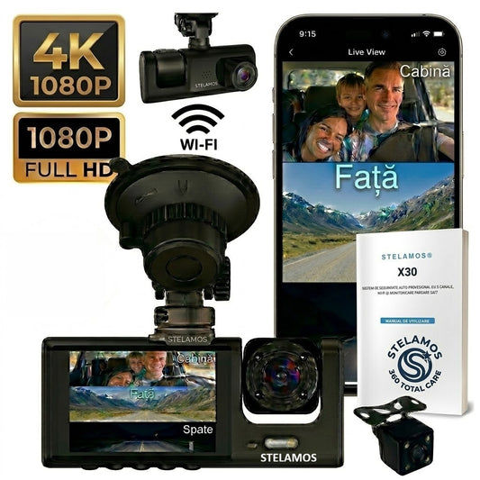 Camera Auto DVR Tripla STELAMOS, 3 Canale, Wi-Fi, Aplicatie Viidure, Display IPS, Camera Spate/Habitaclu, Senzor G, Viziune Nocturna, Monitorizare Parcare (Necesita kit optional)