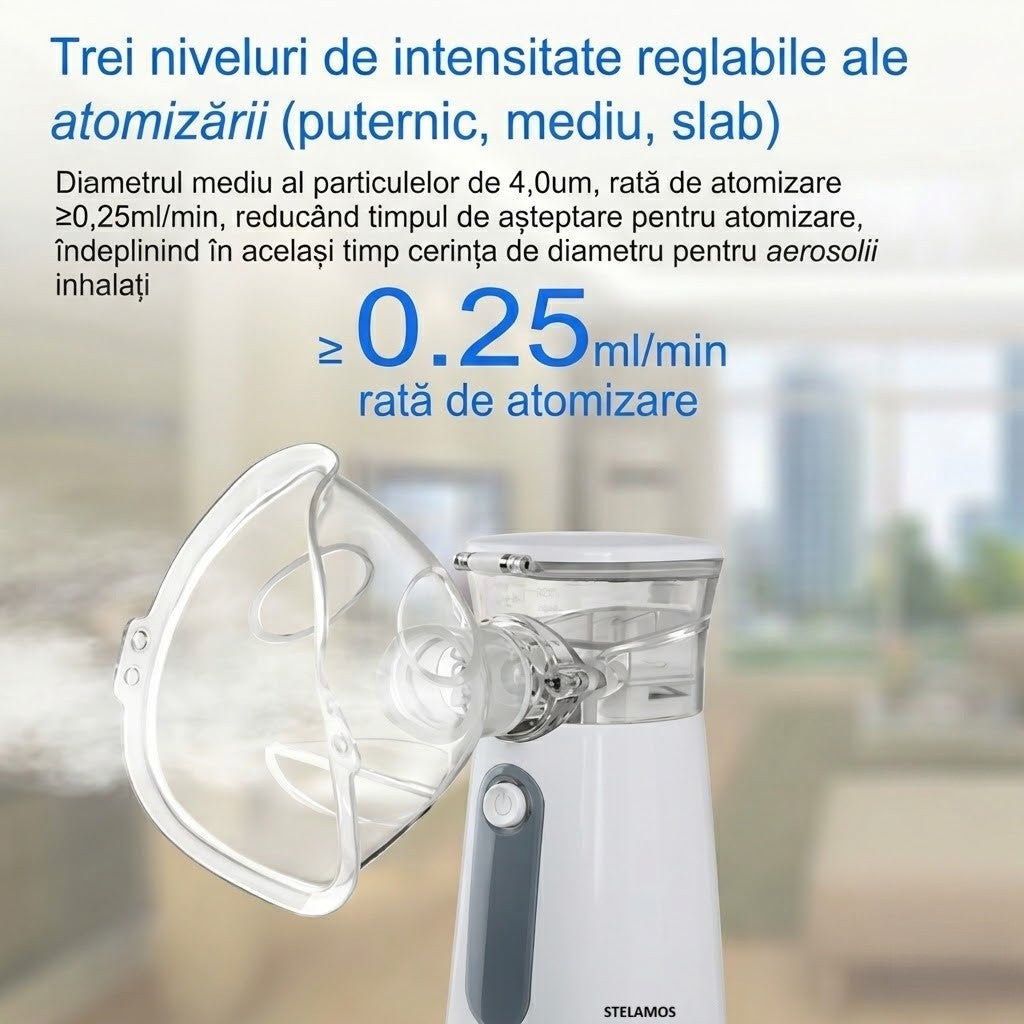Aparat Aerosoli Portabil STELAMOS, Nebulizator Ultrasonic cu Tehnologie Mesh, Extrem de Silentios, Pachet Complet cu Cablu USB si Adaptor Priza 10W, Saculet Textil Depozitare, 2 Masti Copii/Adulti si Piesa Bucala, Alb