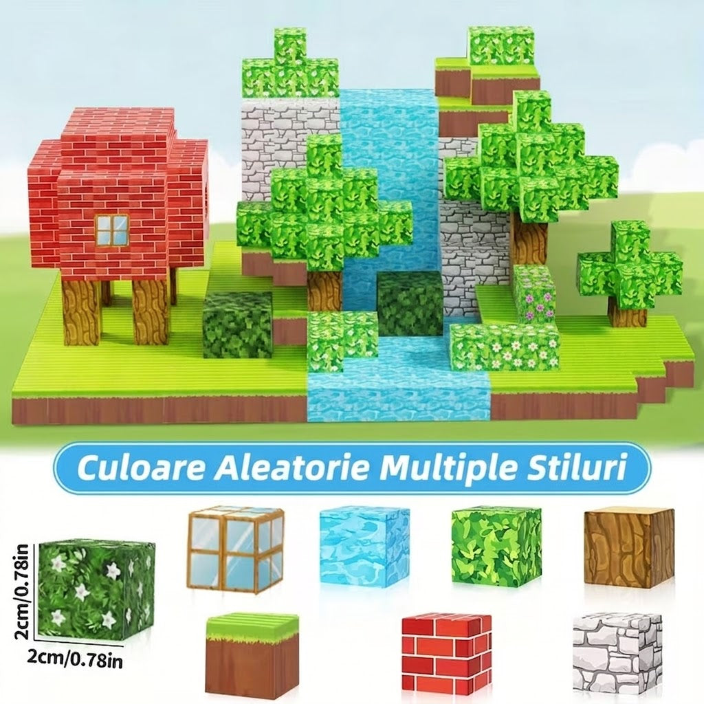 Blocuri Magnetice 100 Piese, STELAMOS, Set De Constructie Cuburi Model Casa si Copaci, Lume Magnetica Pixelata, Cuburi Magnetice 3D Pentru Baieti Si Fete, Jucarii Senzoriale Stem Montessori, Cadou Copii 3+ Ani
