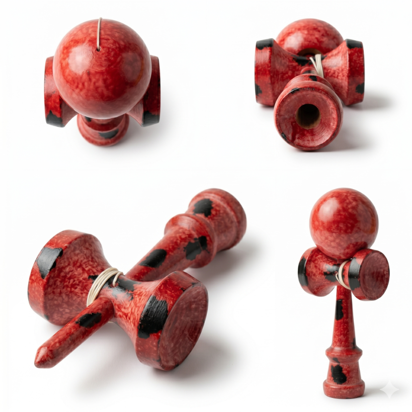 Kendama Profesionala, STELAMOS, Editia Lava Splash, Lemn Premium, Negru cu Rosu Lucios