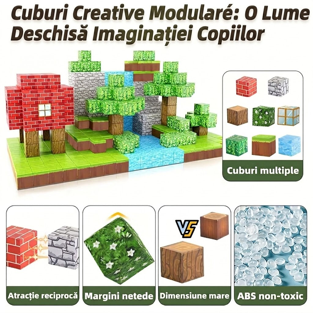 Blocuri Magnetice 100 Piese, STELAMOS, Set De Constructie Cuburi Model Casa si Copaci, Lume Magnetica Pixelata, Cuburi Magnetice 3D Pentru Baieti Si Fete, Jucarii Senzoriale Stem Montessori, Cadou Copii 3+ Ani