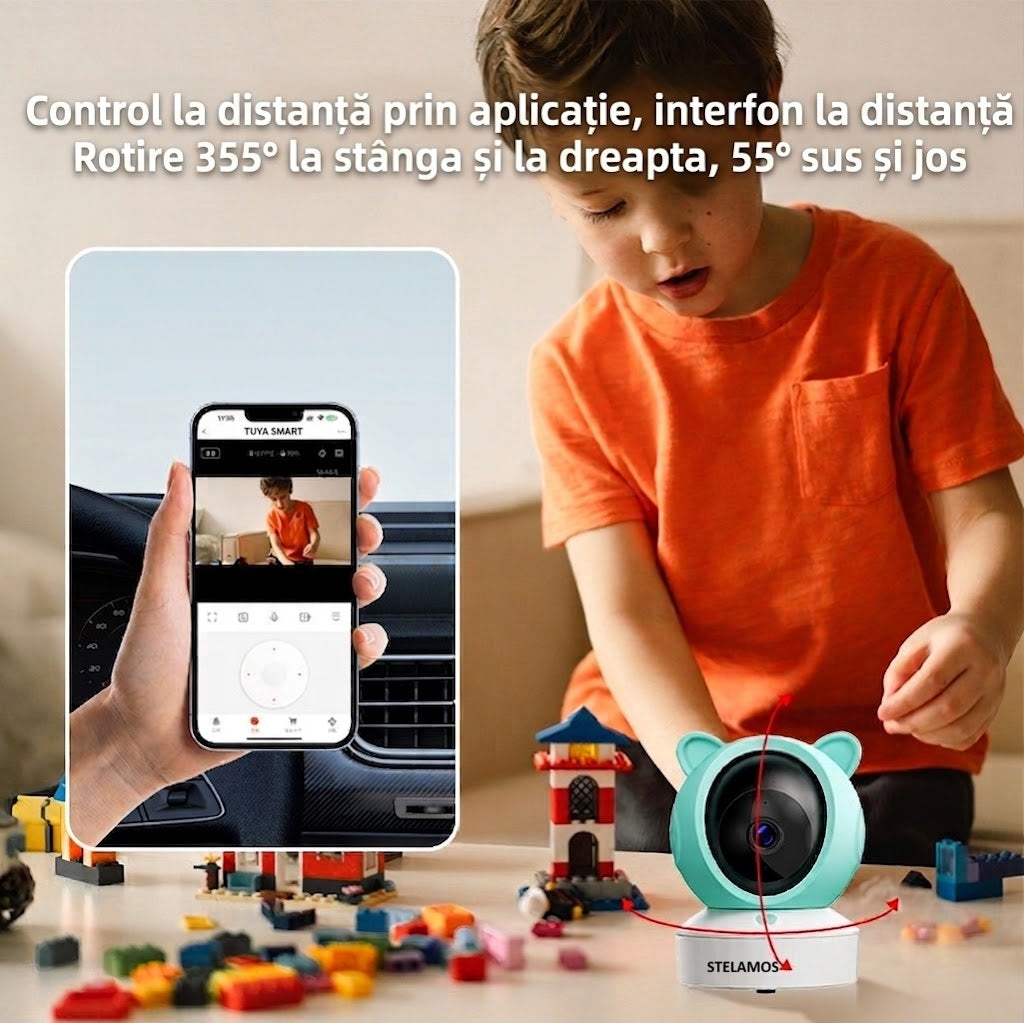 Baby Monitor 2in1 STELAMOS, Multi View, DUO 5", WiFi, Aplicatie Telefon Tuya, Camera Video Bebe, Night Vision, Rotire 355°, 3000mAh, Zoom 4X, Senzori Miscare, Plans, Temperatura, Umiditate, 8 Cantece, Two-Way Audio Bidirectional, Interfon, Apel, Verde/Alb