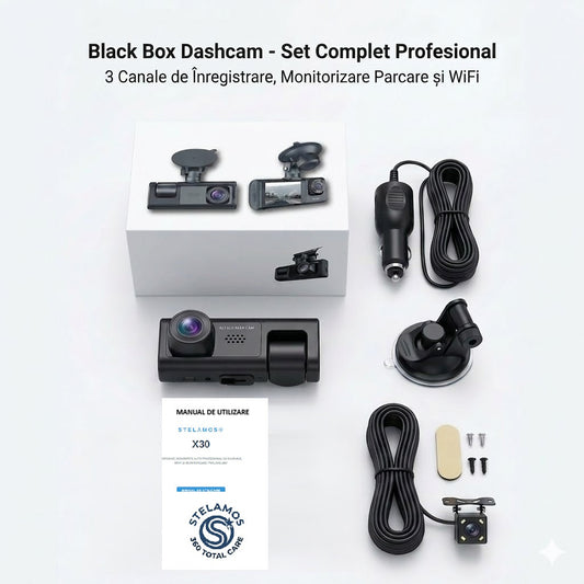 Camera Auto DVR Tripla STELAMOS, 3 Canale, Wi-Fi, Aplicatie Viidure, Display IPS, Camera Spate/Habitaclu, Senzor G, Viziune Nocturna, Monitorizare Parcare (Necesita kit optional)