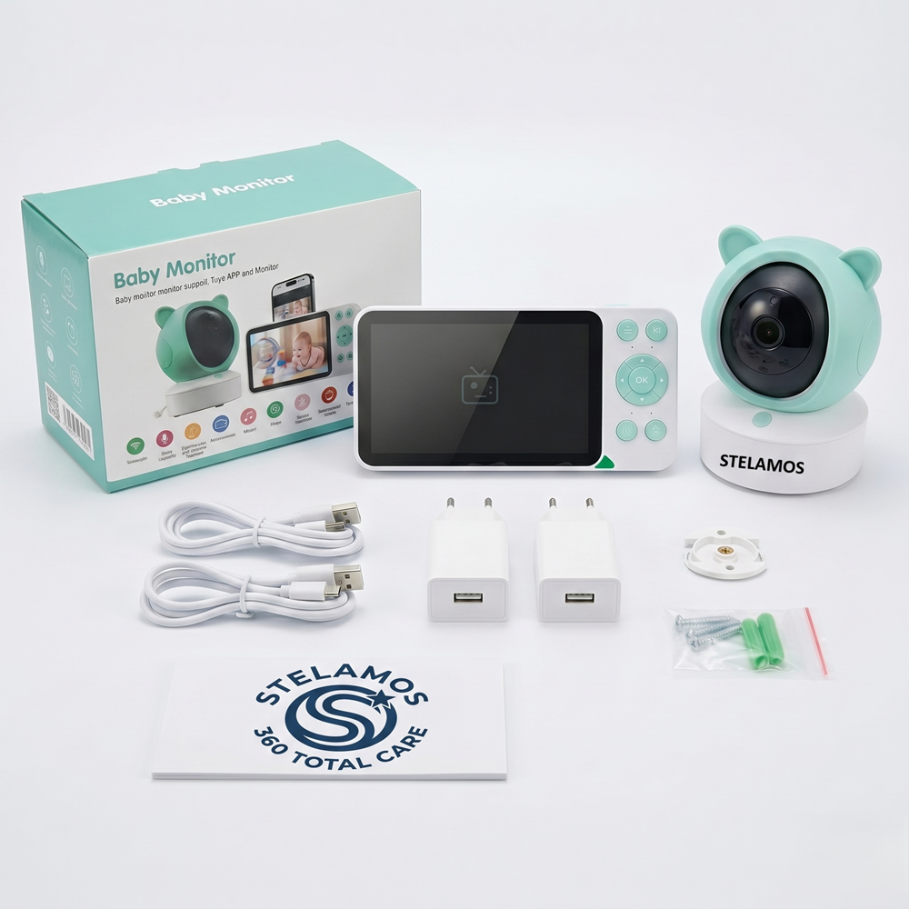 Baby Monitor 2in1 STELAMOS, Multi View, DUO 5", WiFi, Aplicatie Telefon Tuya, Camera Video Bebe, Night Vision, Rotire 355°, 3000mAh, Zoom 4X, Senzori Miscare, Plans, Temperatura, Umiditate, 8 Cantece, Two-Way Audio Bidirectional, Interfon, Apel, Verde/Alb