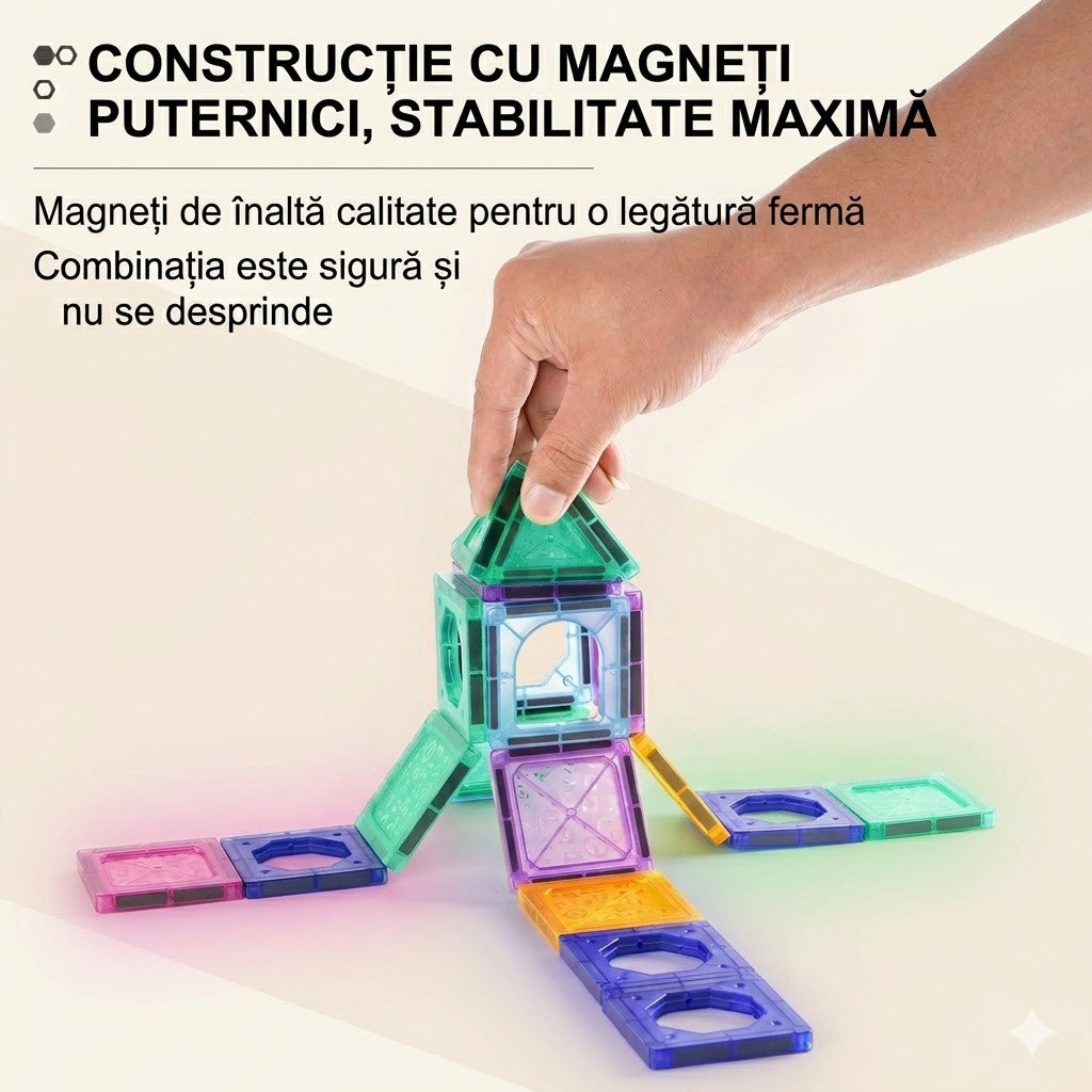 Set Placi Magnetice de Constructie 110 piese, STELAMOS, 5.5cm pentru Copii, include 2 Masinute, Transparente, Suprafata Lucioasa, Sudura Ultrasonica, Joc STEM pentru dezvoltarea abilitatilor motrice si imaginatie, Multicolor, Cadou copii 3+Ani