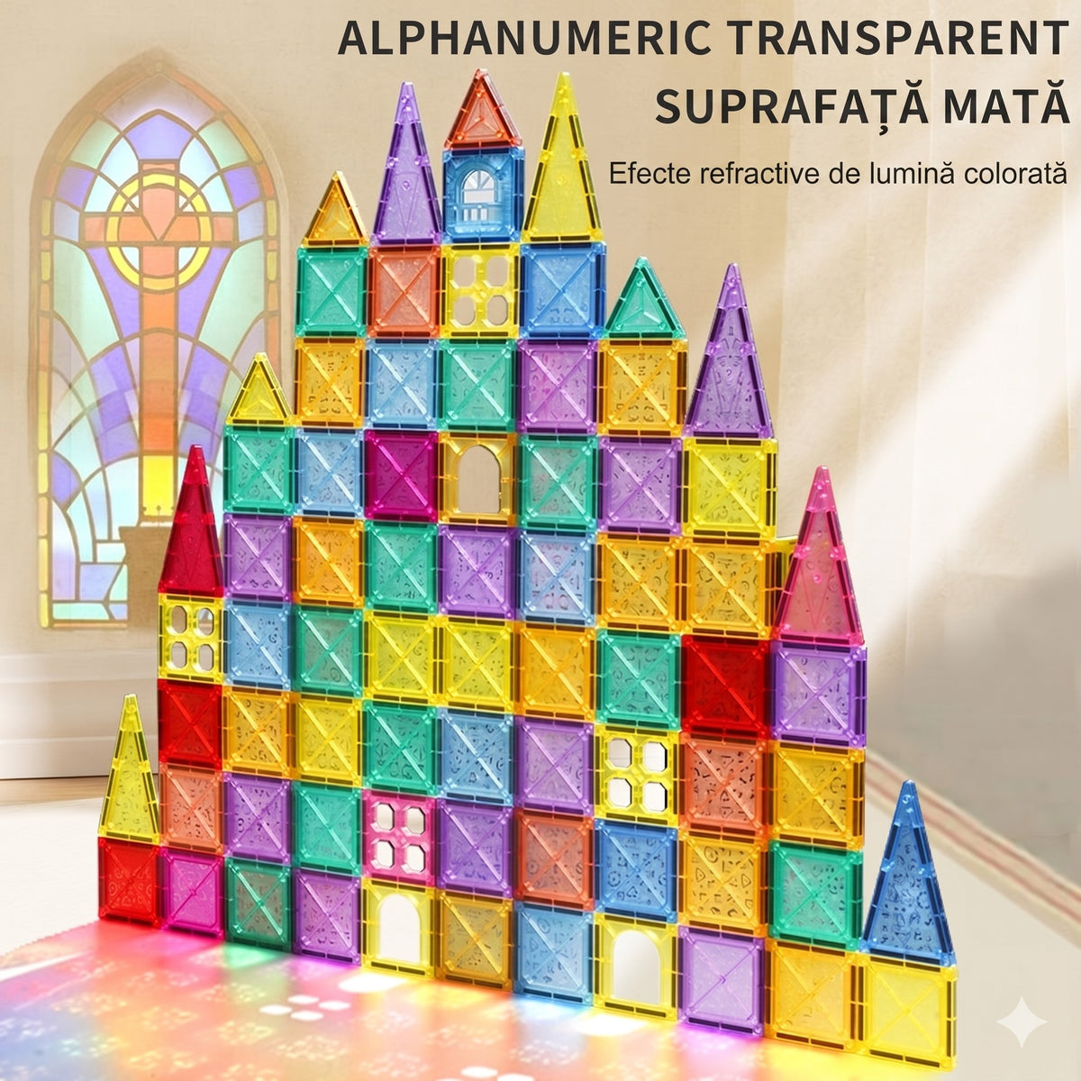 Set Placi Magnetice de Constructie 110 piese, STELAMOS, 5.5cm pentru Copii, include 2 Masinute, Transparente, Suprafata Lucioasa, Sudura Ultrasonica, Joc STEM pentru dezvoltarea abilitatilor motrice si imaginatie, Multicolor, Cadou copii 3+Ani